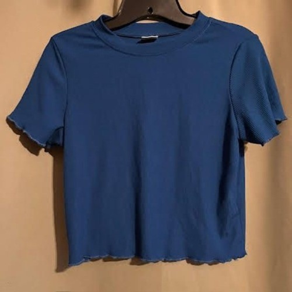 Blue Ribbed Knit Short‎ Sleeve Top Ruffle Hem Cropped Shirt